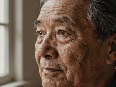 A highly detailed hyperreal pencil and charcoal portrait of an elderly person, showing skin textures and expressive eyes, side window lighting