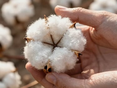 Macro close-up of raw, clean Australian cotton fibers being gently inspected by a grower, warm natural morning light.