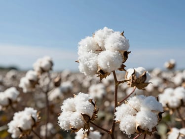 Sunlit cotton fields ready for harvest, fluffy white bolls against a bright blue sky
