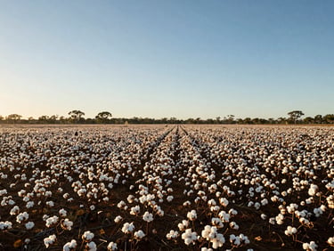 Wide environmental view of a sunlit Australian cotton field under a clear blue sky, warm golden light, expansive horizon with soft green eucalyptus trees in the far distance.