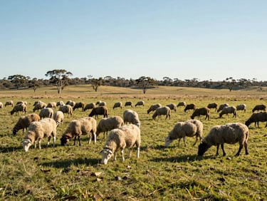 Wide environmental shot of sheep grazing in vast, sun-drenched Australian pastures under a clear sky