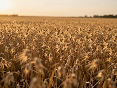 Golden oat fields waving under the warm sunset light, environmental agricultural landscape