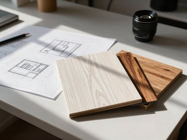 A clean, modern workspace with architectural drawings, samples of white oak and mesquite wood, and natural light streaming across the desk
