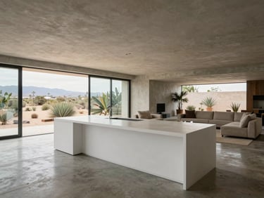 Wide-angle architectural elevation of an open-plan living space with a central white oak island, minimalist concrete floors, and a glass wall looking out to desert plants.