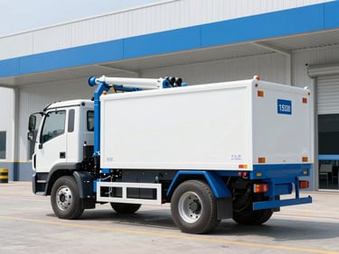 A heavy-duty truck-mounted vacuum unit parked outside a modern commercial facility, clean sterile blue and white tones, crisp focus, 35mm