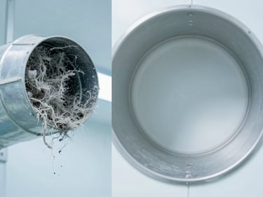 A split-screen macro photograph: the left half shows an air duct choked with thick grey lint and dust; the right half shows a completely cleared, sterile metallic duct interior, bright clean utility lighting