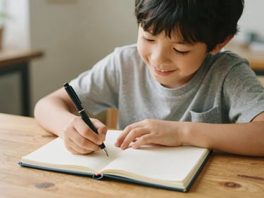 A child smiling while writing in a notebook, soft natural light, warm wooden table, focused and hopeful atmosphere