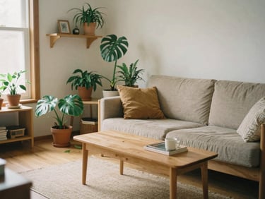 A cozy, simple living room with plants, warm wooden furniture, soft natural light, peaceful and welcoming environment