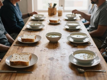 A long wooden table with simple ceramic plates of fresh bread and warm soup, soft sunlight streaming through a window, authentic community atmosphere