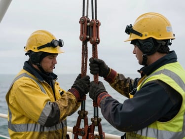 Close-up of offshore crew in high-vis PPE performing technical maintenance on heavy deck rigging, overcast daylight, high-contrast details.