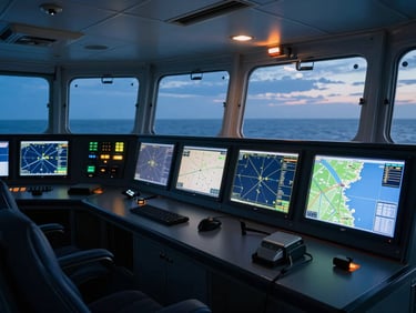 Interior of a modern marine control room at blue hour, high-contrast monitor screens displaying vessel tracking maps, cold blue and safety amber lighting.