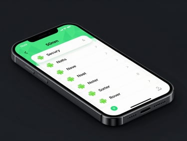Isometric 3D render of an Android app interface for secure notes, showing a clean text editor with geometric layouts, neon green highlights, dark studio background.