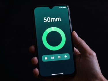 Hand-held Android phone mockup displaying a minimalist timer app with a countdown, high-contrast studio lighting, subtle cyan backlight, dark background.