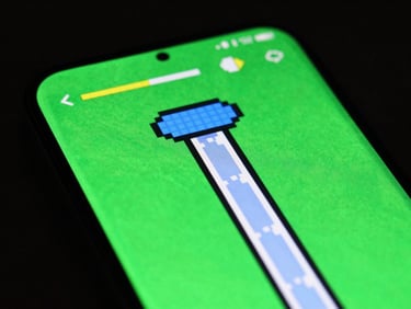Macro shot of an Android phone screen displaying a vibrant pixel art endless runner game, high-contrast studio lighting with green backlight, sharp focus.