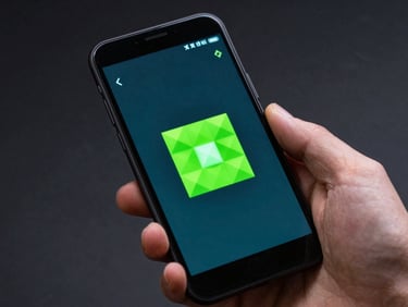 Hand-held Android device mockup displaying a geometric logic puzzle game interface, high-contrast studio lighting, subtle cyan backlight, dark background.