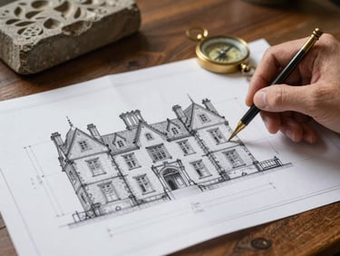 Extreme close-up of a hand-drawn architectural blueprint of a Scottish manor house, resting on a dark oak table next to a piece of carved stone and a brass compass, soft side lighting.