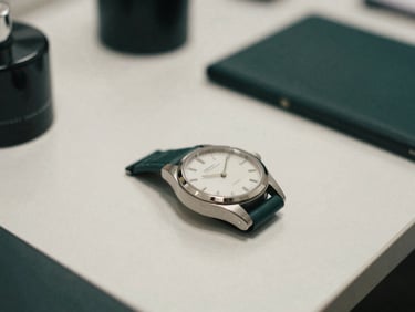 Close-up of a high-end consumer product (e.g., luxury watch or perfume bottle) on a structured desk, soft focus, overcast London daylight, 35mm editorial film photography.
