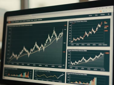 Close-up of a financial model on a screen, displaying growth charts and investment figures, overcast London daylight, soft shadows, 35mm editorial film photography.
