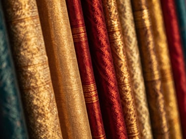 Atmospheric close up of colorful Thai silk fabrics, rich textures, warm gold tones