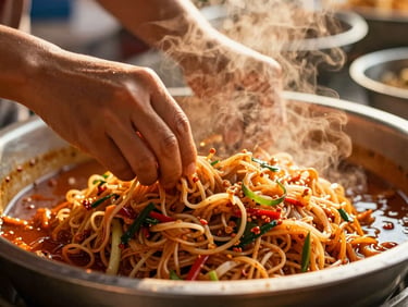 Close-up of hands preparing traditional Pad Thai in a steaming street market stall, warm golden lighting, shallow depth of field