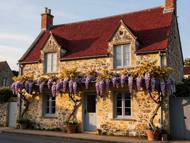 Charming stone cottage in a historic French village, blooming wisteria, soft morning light, editorial travel style
