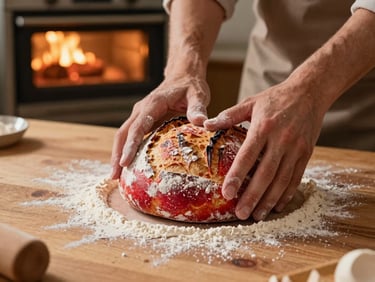 Hands of a French baker dusted with flour shaping a rustic sourdough loaf on a wooden table, warm oven glow in background