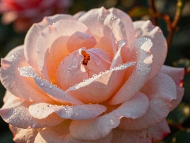Close-up of delicate dew drops on a pale pink rose petal in a French country garden, morning light, shallow depth of field