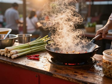 Steam rising from a seasoned street food wok at golden hour in Chiang Mai, fresh lemongrass and red chilies visible on a wooden counter, warm ambient lighting, editorial travel photography