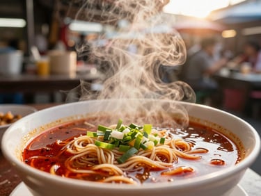 Close up of steam rising from a fresh bowl of boat noodles at a bustling Bangkok night market, warm ambient lighting