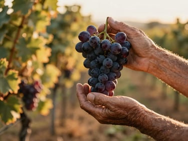 Close up of a winemaker's weathered hands holding a bunch of dark grape clusters in a sunny vineyard, golden hour