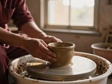 Hands spinning a clay pot on a potter's wheel in a rustic workshop, soft window light, warm earth tones