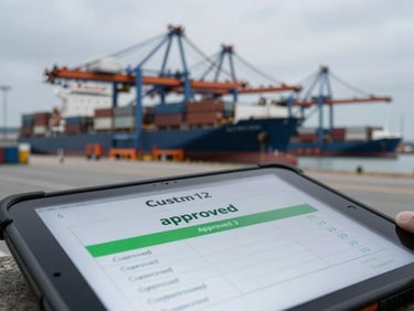 Close-up of a digital customs manifest on a rugged tablet, showing green 'approved' status, with a blurred backdrop of container ships, high-contrast industrial lighting, desaturated steel blues and orange accents, wide-angle