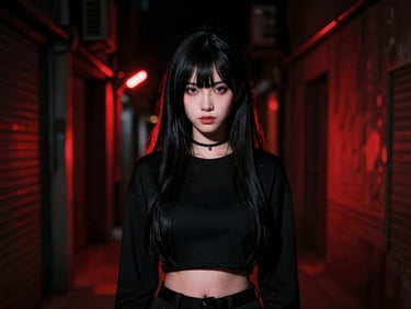 High-concept cosplay portrait in a dark atmospheric alley with red neon accents, low-key lighting, anamorphic crop