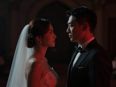 Dramatic cinematic wedding film frame, low-key lighting, intentional motion blur, intense look, anamorphic lens, 35mm
