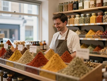 A bustling West London spice shop, shelves filled with colorful spices, natural window light, a shop owner smiling, shallow depth of field, 35mm.