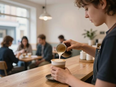 A vibrant Ealing cafe interior, customers enjoying coffee, soft indoor lighting, close-up of a barista preparing a drink, shallow depth of field, 35mm.