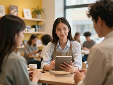 A business owner interacting with customers on social media via a tablet, in a vibrant multicultural shop setting, warm indoor lighting.