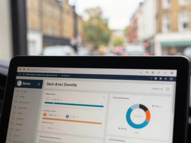 A close-up of a digital dashboard showing local search analytics, with a blurred West London streetscape in the background, natural window light.
