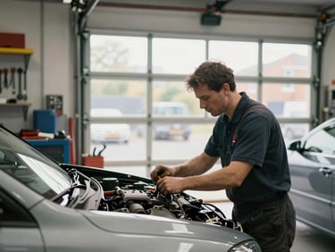 A clean auto repair shop in Hounslow, a mechanic working on a car, natural light from a garage door, tools neatly arranged, shallow depth of field, 35mm.