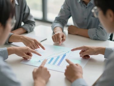 A collaborative strategy session around a table, hands pointing at a digital projection of a growth chart, soft office lighting.