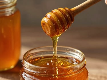 Thick raw amber honey dripping slowly from a wooden dipper, high viscosity, golden hour sunlight highlighting translucent amber tones.