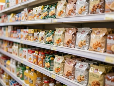 Close-up of neatly organized bright grocery shelves showing premium packaged South Asian goods, clean modern store display.