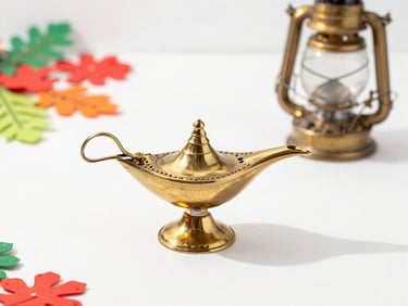 Close-up of elegant hand-crafted brass oil lamps and colorful festive decorations on a clean white surface with soft shadows.