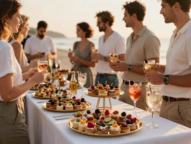 Perfect tradeshow cocktail reception, beautifully plated Mediterranean hors d'oeuvres on gold trays, guests mingling in a warm golden hour light.