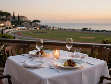 High-end fine dining table setup, white tablecloths, gourmet plated dish, soft candlelight, panoramic view of the racetrack at twilight, elegant Riviera vibe