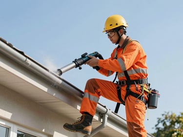 A professional technician wearing safety harness and orange high-visibility gear cleaning a residential gutter with specialized vacuum equipment, bright midday sun, sharp focus
