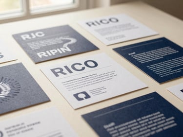 A flat lay of printed advocacy postcards and informational brochures with bold grid layouts, sophisticated navy ink, warm diffused light.