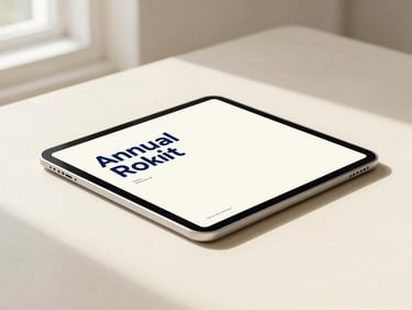 A clean digital mockup of an annual report displayed on a tablet device lying on a warm cream desk, soft shadows, diffused window light.