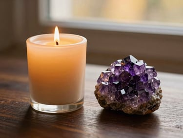 Flickering beeswax candle next to a raw amethyst cluster on a dark wooden surface, warm glow