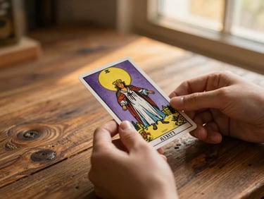 Hands holding a beautifully illustrated tarot card over a rustic wooden table, soft directional light